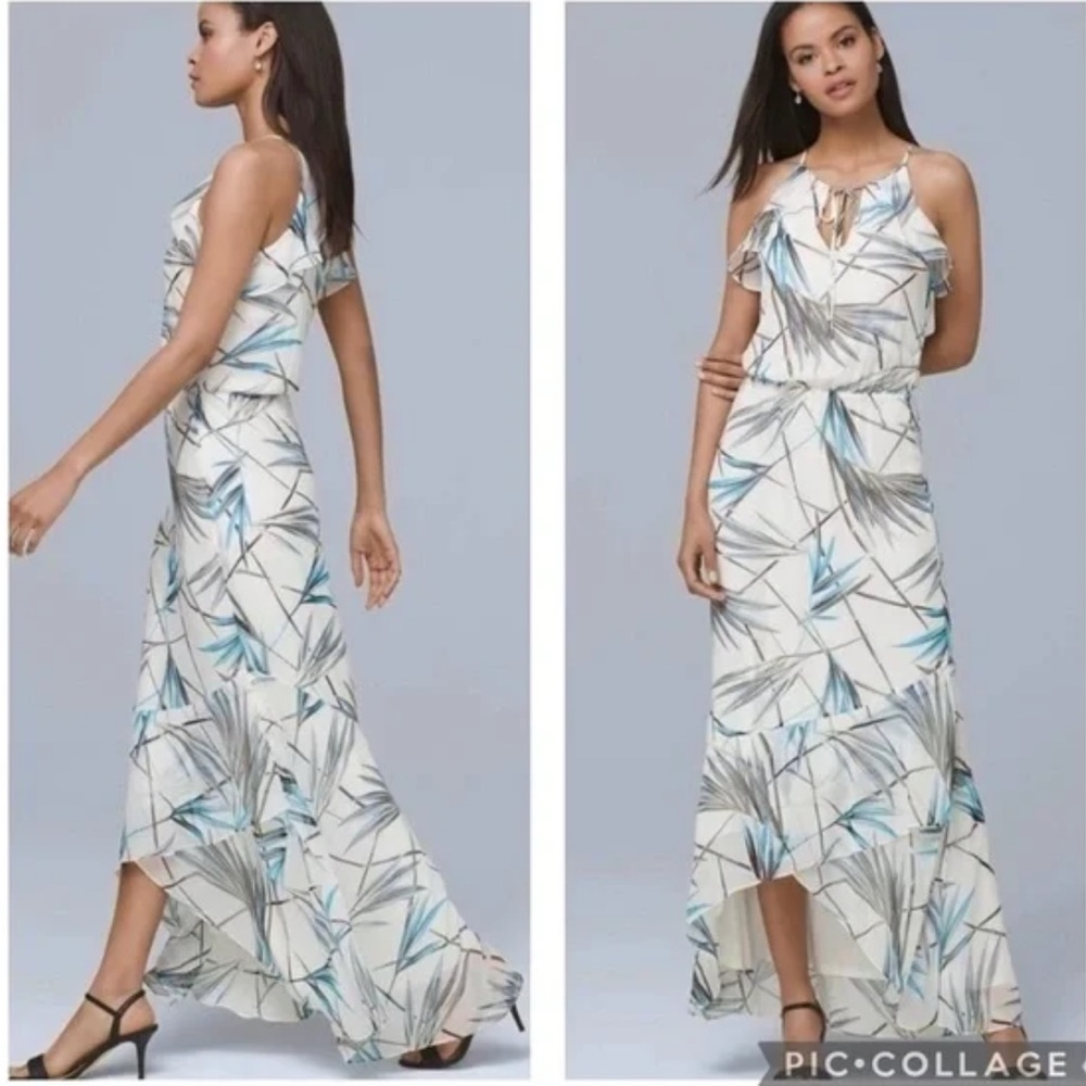 White House Black Market Hi-Lo Blue White Bamboo Pattern Sleeveless Dress Size 6
